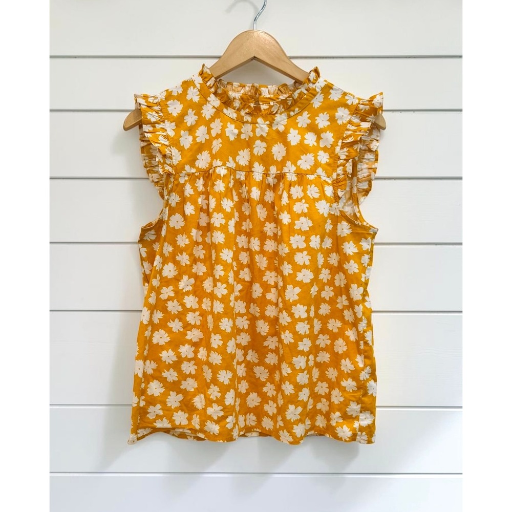 J.Crew Factory Floral Ruffle Sleeve Top Women's Size 10 Yellow Cotton